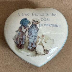 Vintage Holly Hobbie Ceramic Covered Heart Shaped Trinket Box.